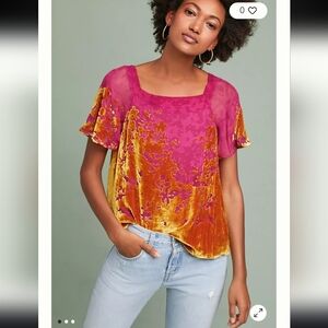 Maeve Anthropologie Ombre Shimmer Tee XS Silk Velvet Burnout Boho Cottage Vacay